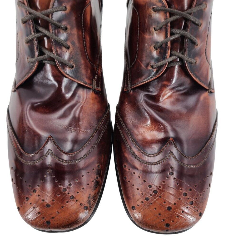 Prada Italy Mens 7.5 Distressed Brown Leather Wingtip Derby Oxfords Dress Shoes - Picture 12 of 13
